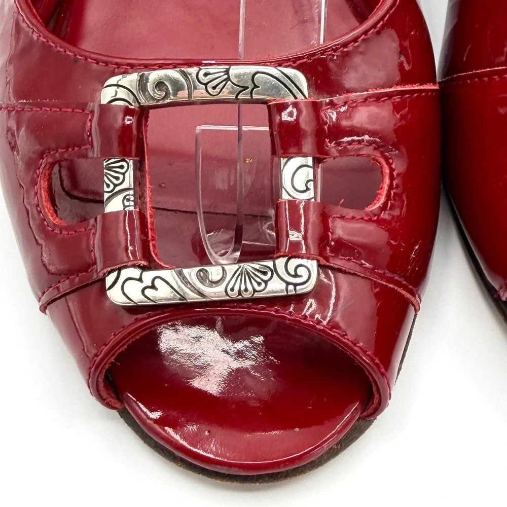 Brighton Napoli Wedge Sandals Women 8M Red Patent Leather Slingback Buckle Chic